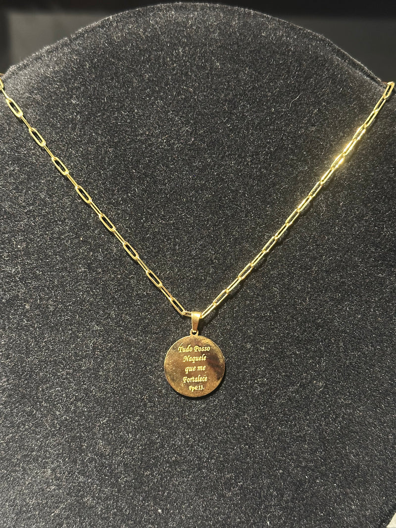 Corrente Cartier Banhada Pingente Circular “Tudo Posso Naquele Que Me Fortalece” 20 CM - Pronta Entrega