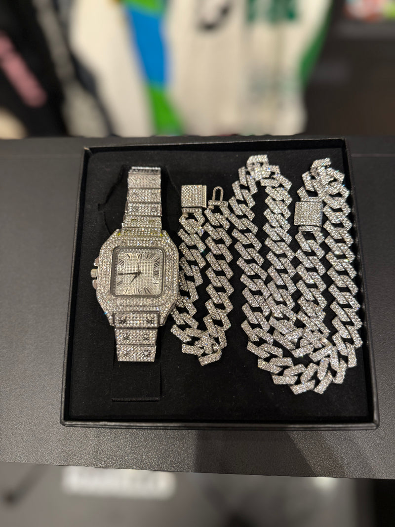Kit Square Ice Corrente + Pulseira + Relógio - Pronta Entrega