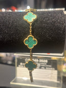 Pulseira Van Cleef Dourada Trevos Verde Listrado 24 CM - Pronta Entrega