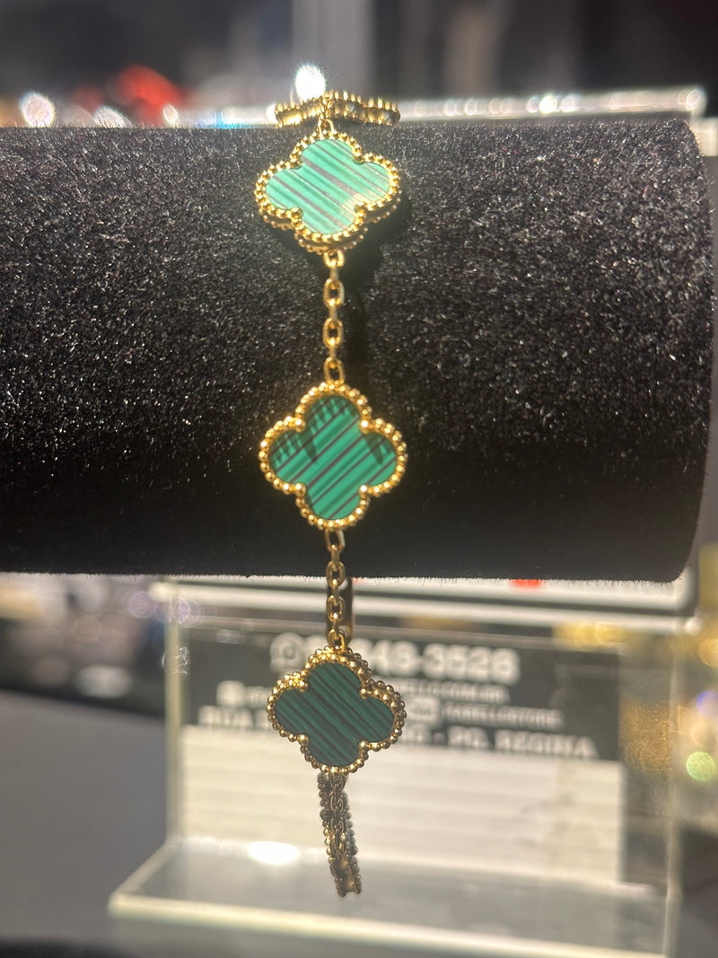 Pulseira Van Cleef Dourada Trevos Verde Listrado 24 CM - Pronta Entrega
