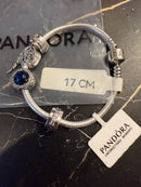 Bracelete Pandora Prata Charm com Berloques Azul e Fecho Prata - Pronta Entrega