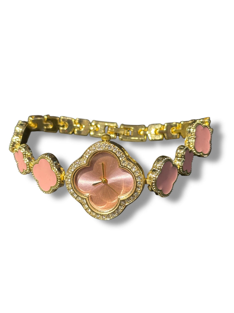 Relógio Pulseira Dourada Trevos Rosas 20 CM - Pronta Entrega