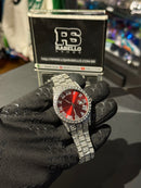 Relógio Cravejado Iced Out Prata Fundo Vermelho - Pronta Entrega