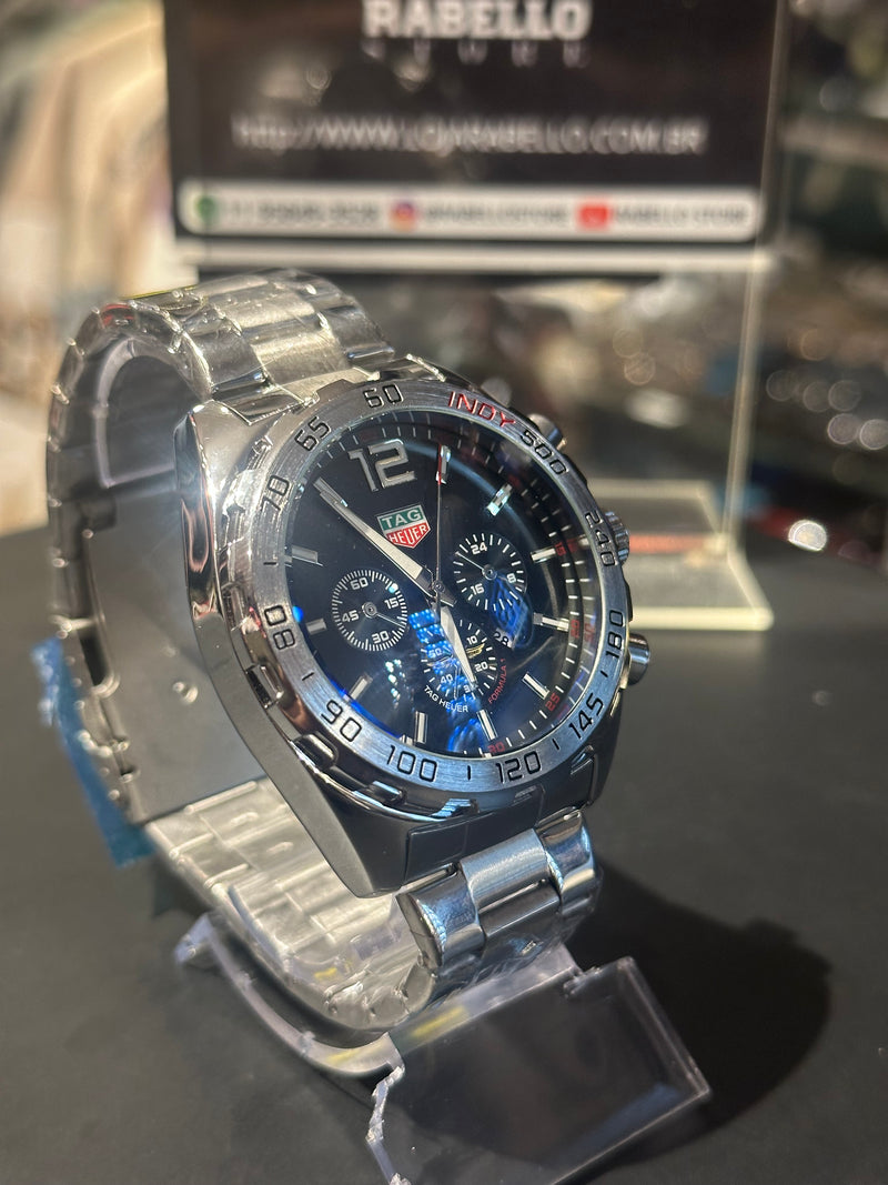 Relógio Tag Heuer Prata Fundo Preto - Pronta Entrega