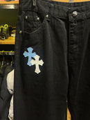Calça Jeans Preta Chrome Hearts Cross White/Blue - Pronta Entrega