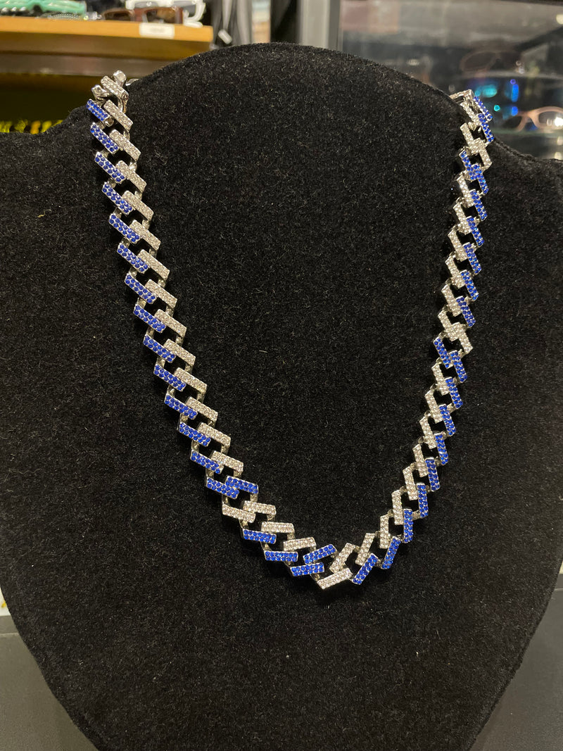 Corrente Colar Cravejado Zicornia Cubica Prata e Azul 50 CM - Pronta Entrega