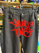 Calça Jeans Minus Two Preto Logo Vermelho - Pronta Entrega