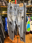 Calça Chrome Hearts Jeans Clara Com Cruz Preto Bordado - Pronta Entrega
