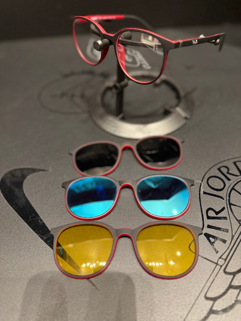 Óculos Rayban Redondo Armação Vermelho Preto Clip-On 3 em 1 Multi Cores - Pronta Entrega