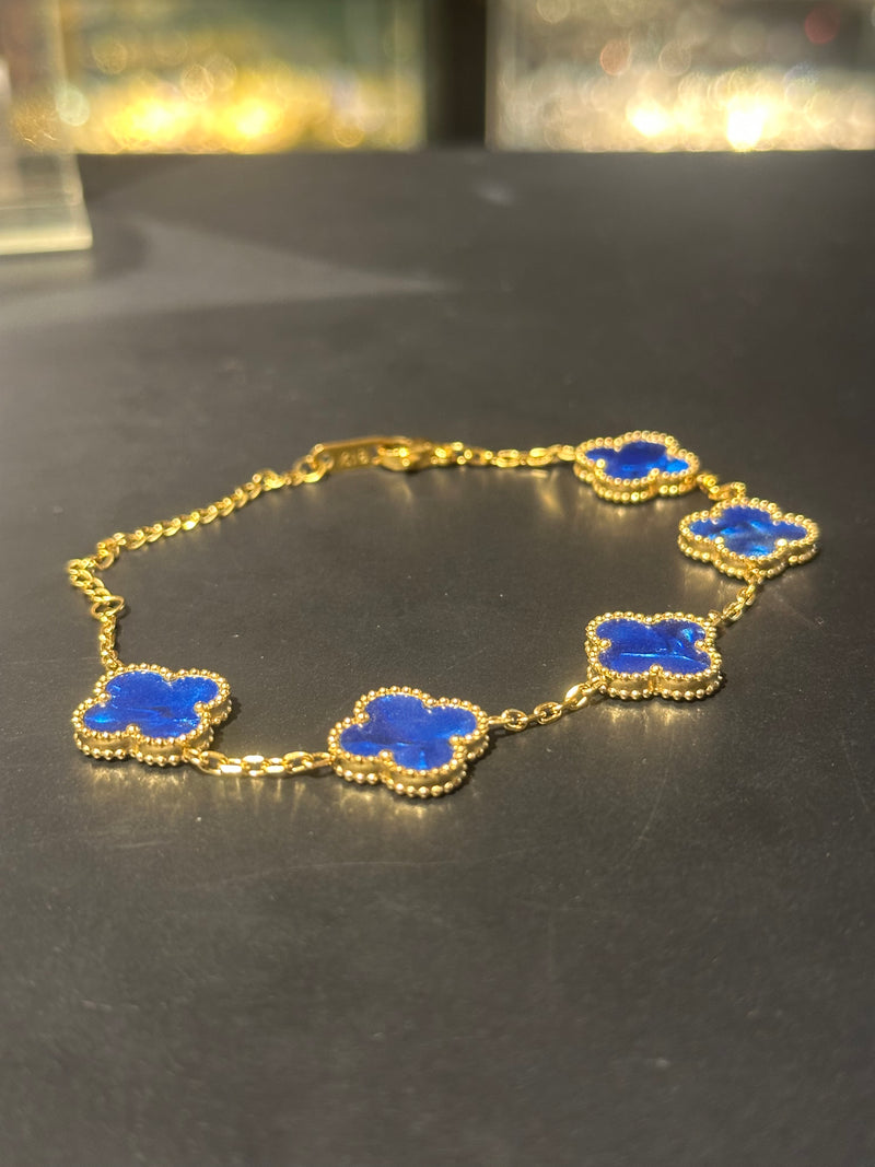 Pulseira Van Cleef Dourada Trevos Azul Escuro 18 + 6 CM - Pronta Entrega