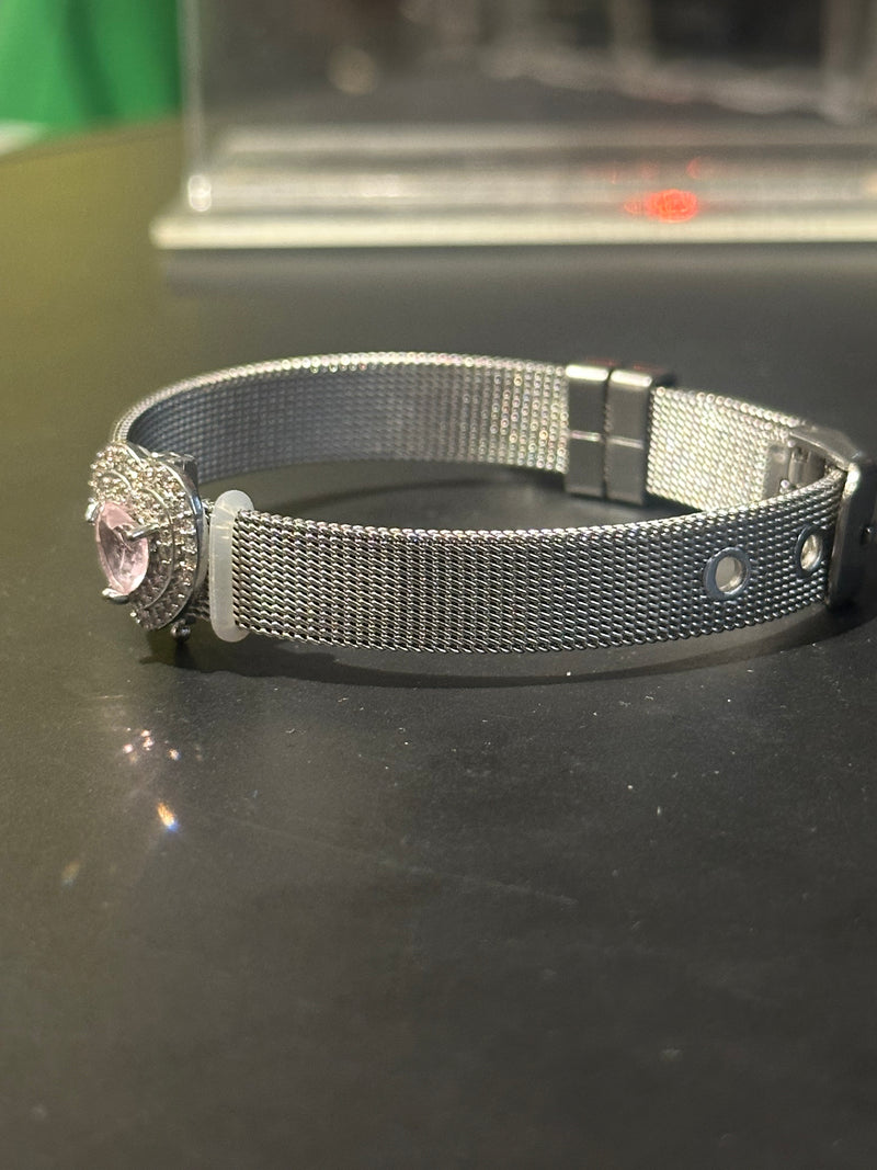 Pulseira Prata Ajustável Pingente Coração Pink - Pronta Entrega