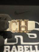 Cinto Feminino Carolina Herrera Branco Fivela Cravejada/Gold 95 CM  - Pronta Entrega