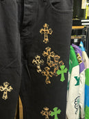 Calça Jeans Preta Chrome Hearts Green & Leopard Cross Patch - Pronta Entrega