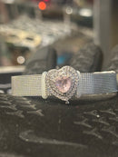 Pulseira Prata Ajustável Pingente Coração Pink - Pronta Entrega