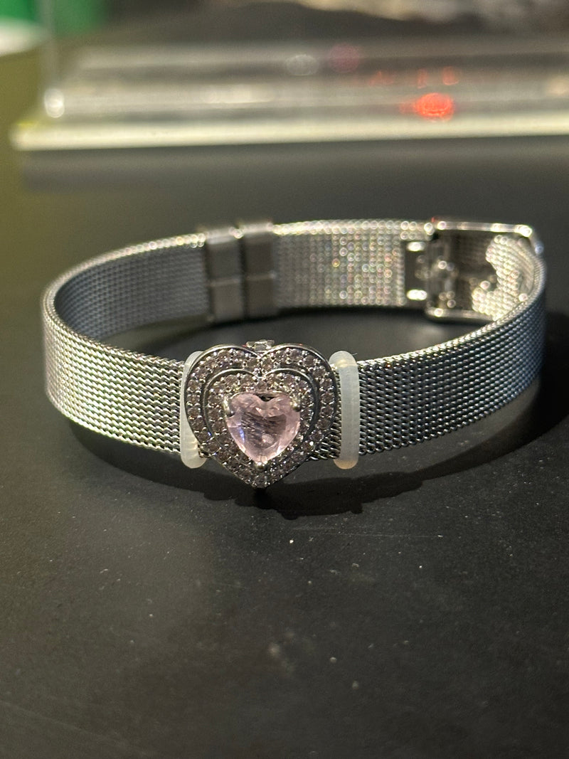 Pulseira Prata Ajustável Pingente Coração Pink - Pronta Entrega
