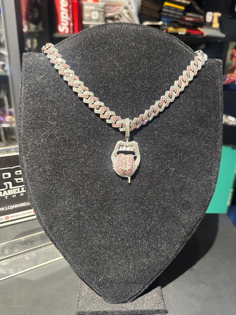 Corrente Cravejada Pingente Money Mouth Em Zicornia Cubica Rosa/Prata 45 CM - Pronta Entrega