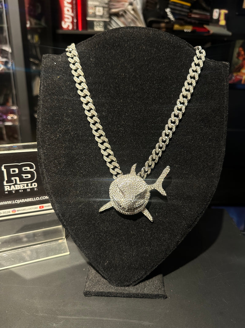 Corrente Cravejada Pingente Shark Em Zicornia Cubica Prata - Pronta Entrega