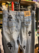 Calça Chrome Hearts Jeans Clara Com Cruz Preto Bordado - Pronta Entrega