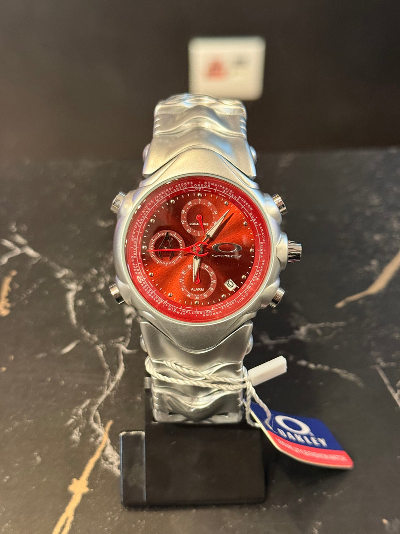 Relógio Oakley GMT Silver Fundo Vermelho - Pronta Entrega
