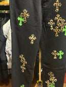 Calça Jeans Preta Chrome Hearts Green & Leopard Cross Patch - Pronta Entrega