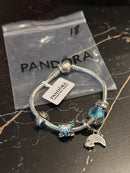 Bracelete Pandora Prata com Berloques Azul Céu Brilho Prata 17 CM - Pronta Entrega