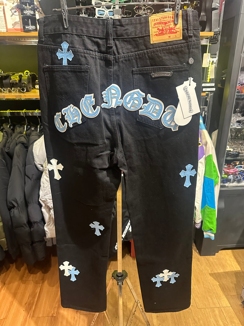 Calça Jeans Preta Chrome Hearts Cross White/Blue - Pronta Entrega