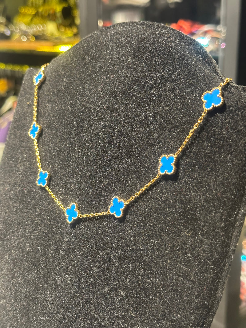 Corrente Van Cleef Dourado Trevos Azuis 45 + 5 CM - Pronta Entrega