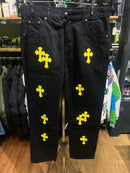 Calça Jeans Preta Chrome Hearts Cruzes Amarelas - Pronta Entrega