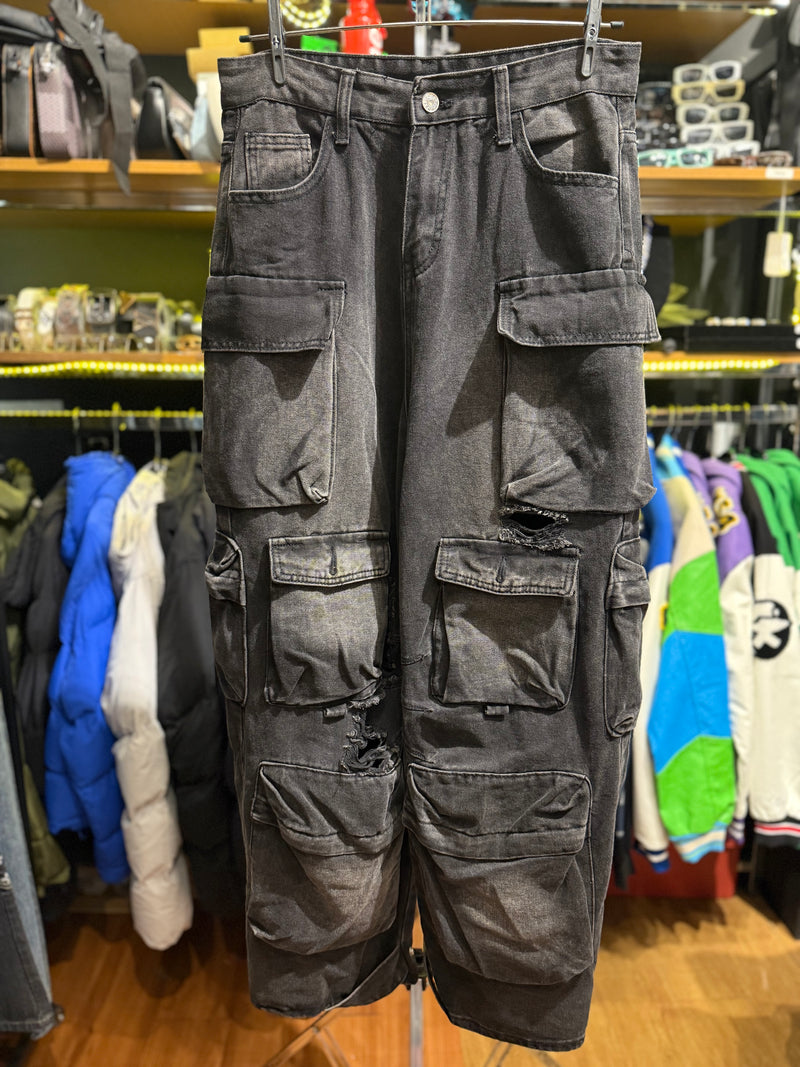 Calça Baggy Utility Cargo Jeans Rasgado Destonado - Pronta Entrega