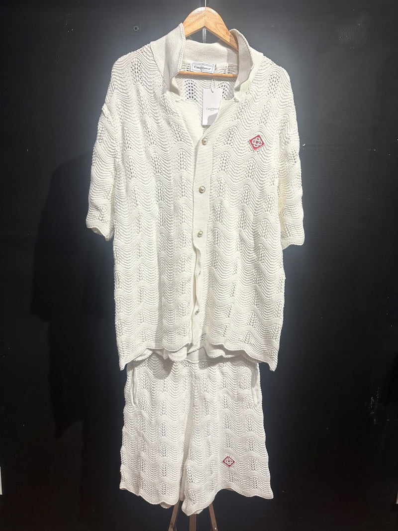 Conjunto Casablanca Crochê Camisa Manga Curta + Short White - Pronta Entrega
