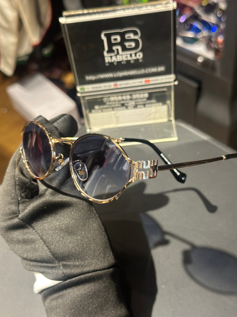 Óculos Miu Miu Redondo Armação Gold/Black Lente Azul - Pronta Entrega