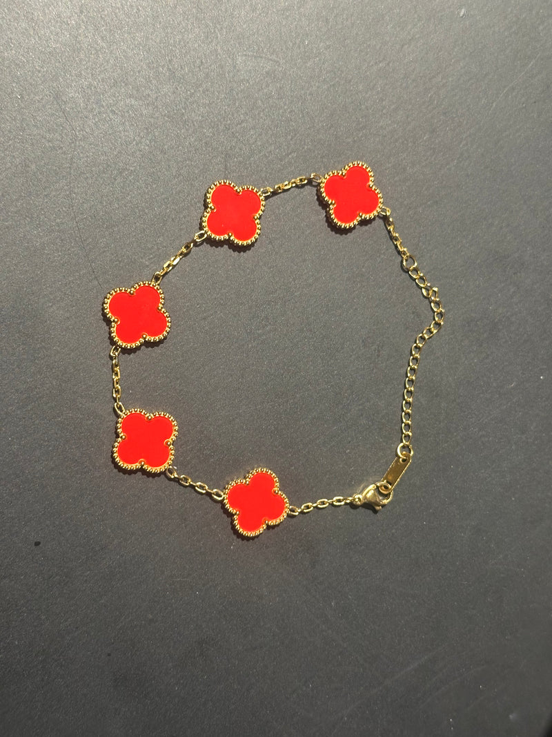 Pulseira Van Cleef Dourada Trevos Vermelhos 24 CM - Pronta Entrega