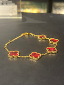 Pulseira Van Cleef Dourada Trevos Vermelho Escarlate 18 + 6 CM - Pronta Entrega