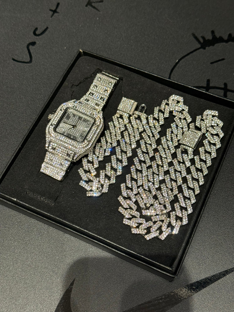 Kit Square Ice Corrente + Pulseira + Relógio - Pronta Entrega