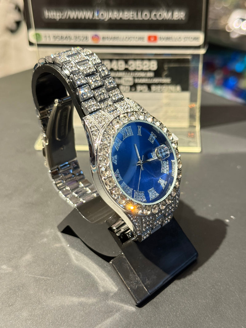Relógio Cravejado Iced Out Prata Fundo Azul - Pronta Entrega