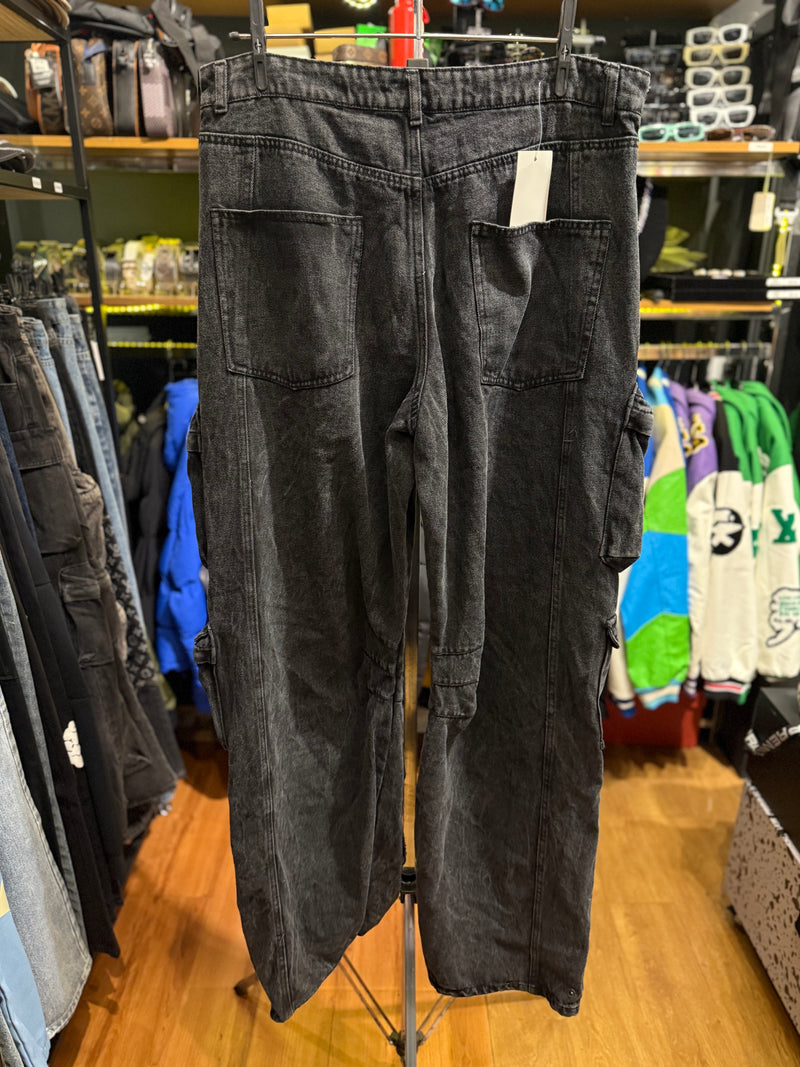 Calça Baggy Utility Cargo Jeans Preto Destonado - Pronta Entrega