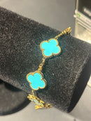 Pulseira Van Cleef Dourada Trevos Azul Marinho 18 + 6 CM - Pronta Entrega