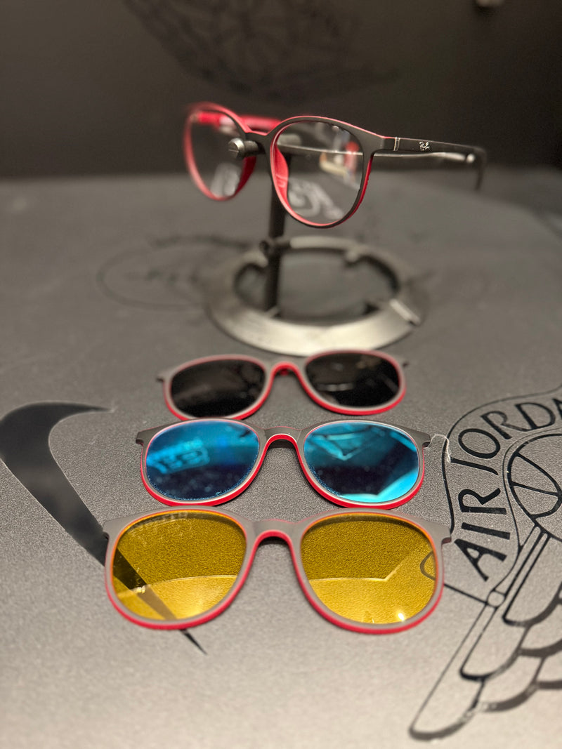 Óculos Rayban Redondo Armação Vermelho Preto Clip-On 3 em 1 Multi Cores - Pronta Entrega