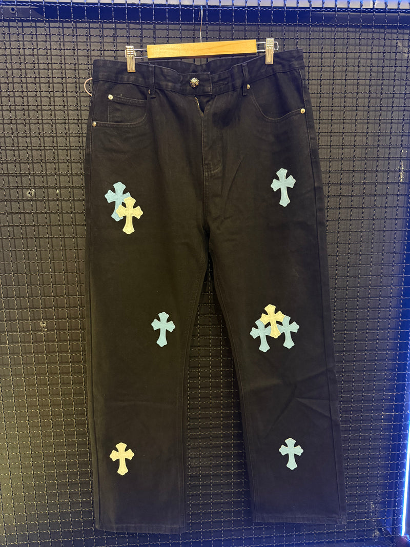 Calça Jeans Preta Chrome Hearts Cross White/Blue - Pronta Entrega