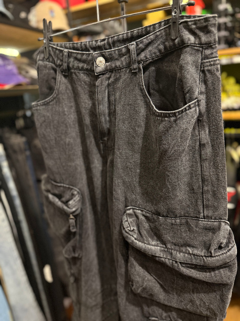 Calça Baggy Utility Cargo Jeans Preto Destonado - Pronta Entrega