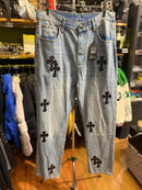 Calça Chrome Hearts Jeans Clara Com Cruz Preto Bordado - Pronta Entrega