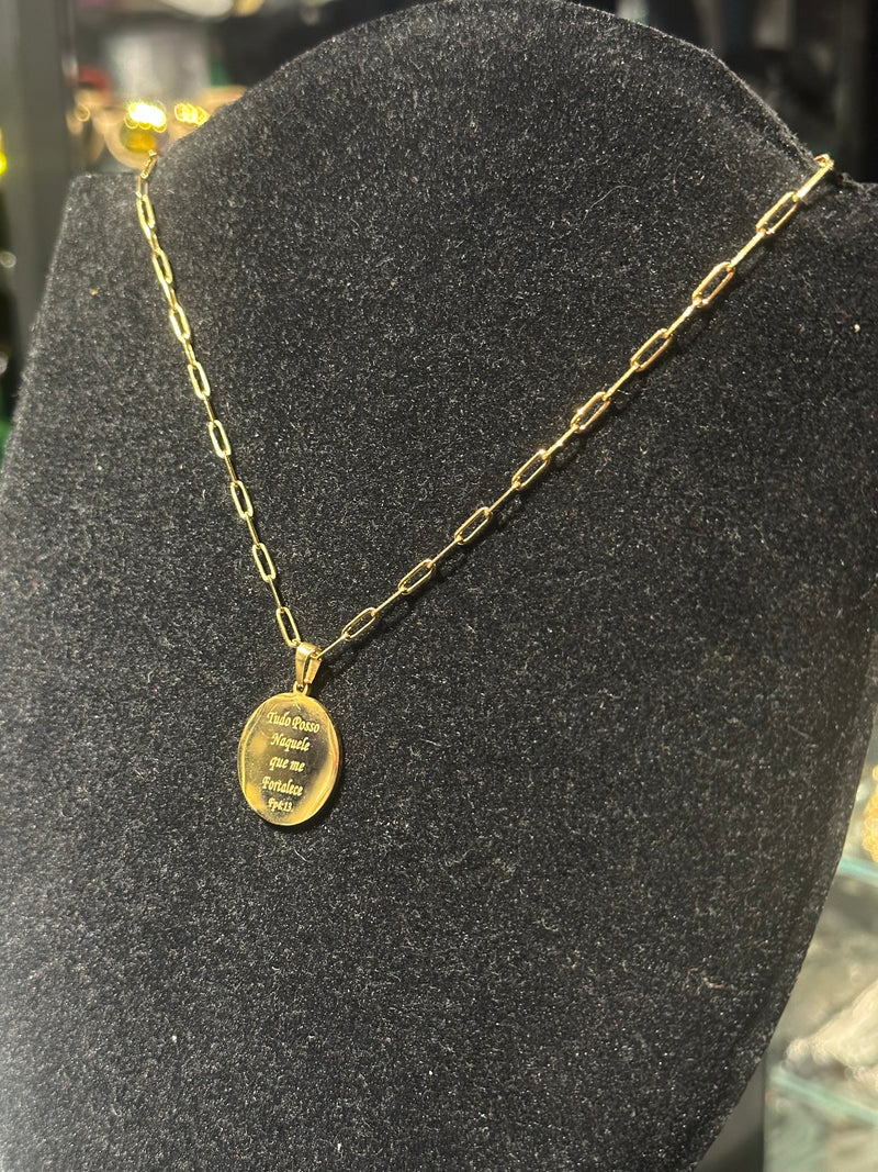Corrente Cartier Banhada Pingente Circular “Tudo Posso Naquele Que Me Fortalece” 20 CM - Pronta Entrega
