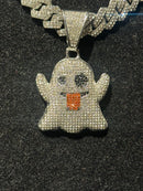 Corrente Cravejada Pingente Ghost Em Zicornia Cubica Prata 40 CM - Pronta Entrega