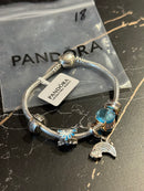 Bracelete Pandora Prata com Berloques Azul Céu Brilho Prata 17 CM - Pronta Entrega