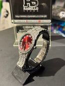 Relógio Cravejado Iced Out Prata Fundo Vermelho - Pronta Entrega