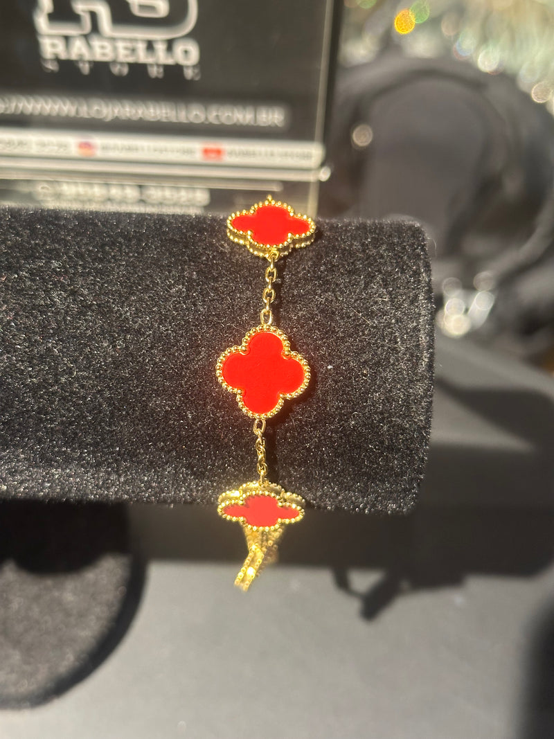 Pulseira Van Cleef Dourada Trevos Vermelhos 24 CM - Pronta Entrega