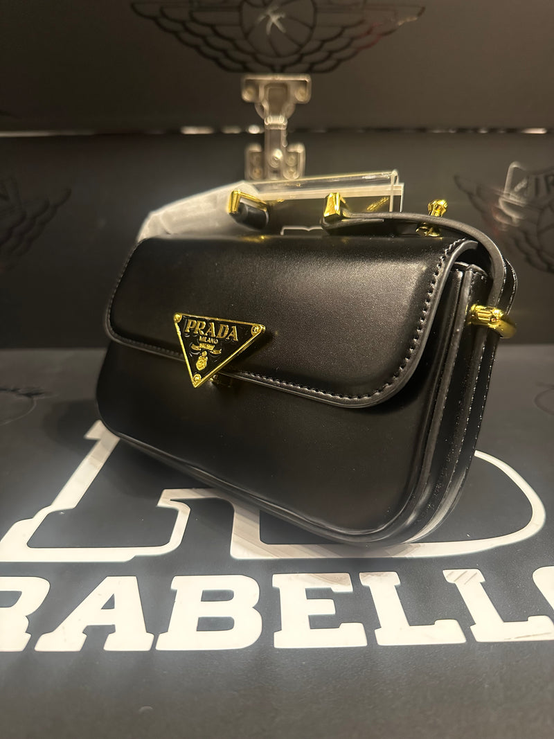 Bolsa Prada Black Logo Triangular Gold - Pronta Entrega