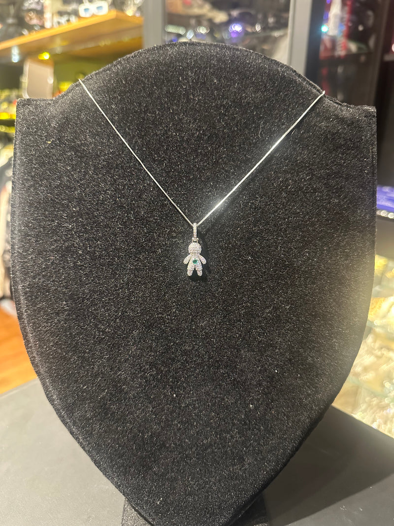 Corrente Feminina Prata Pingente Kid Green Stone Em Zicornia Cúbica 45 CM - Pronta Entrega