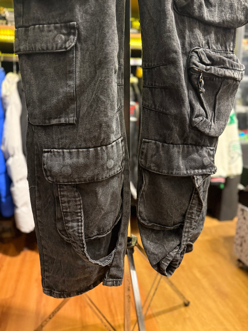 Calça Baggy Utility Cargo Jeans Preto Destonado - Pronta Entrega