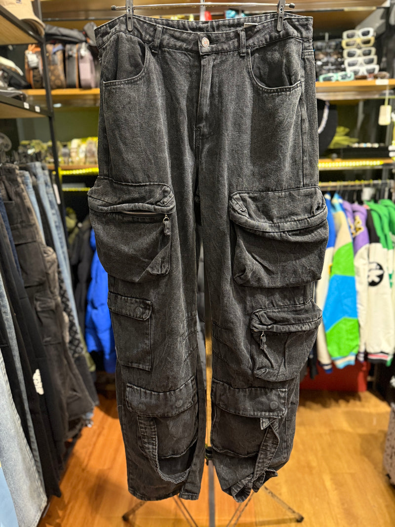 Calça Baggy Utility Cargo Jeans Preto Destonado - Pronta Entrega